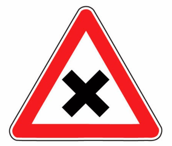 Veszélyt jelző tábla egyenrangú útkeresztőzédesekben (jobbkéz-szabály)